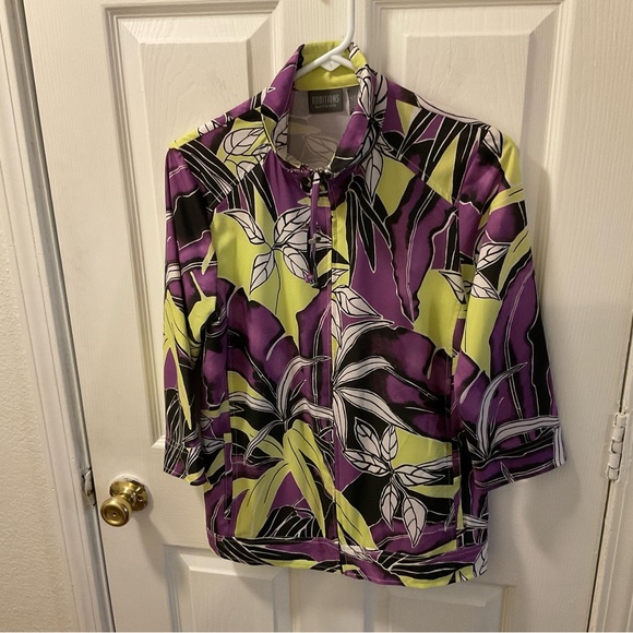 Purple and Green Leaf Print Blouse - Picture 1 of 10